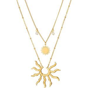 Gold Necklace Women Layered Sun Pendant Pearl Accents Jewelry Gift